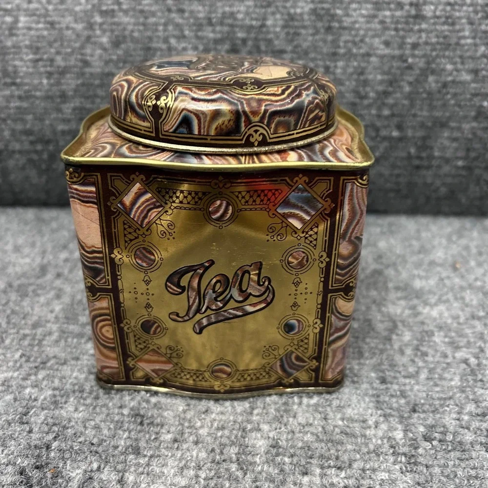 Dodo Designs Vintage Tea Canister Marbled Agate Pattern Tin Made in England Gold